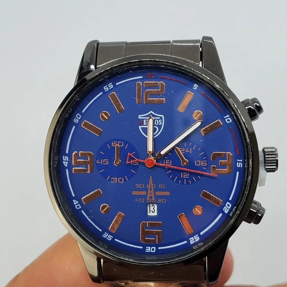 Men's Watch 42MM Blue‎ Dial Gold Numerals Date Indicator Black Bracelet 7
